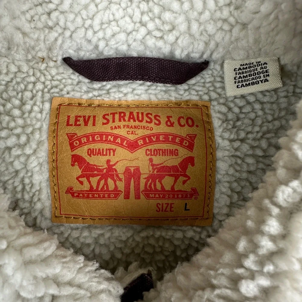 Levi's Sherpa Lined Trucker Jacket Burgundy Maroon Canvas Workwear Coat Mens L